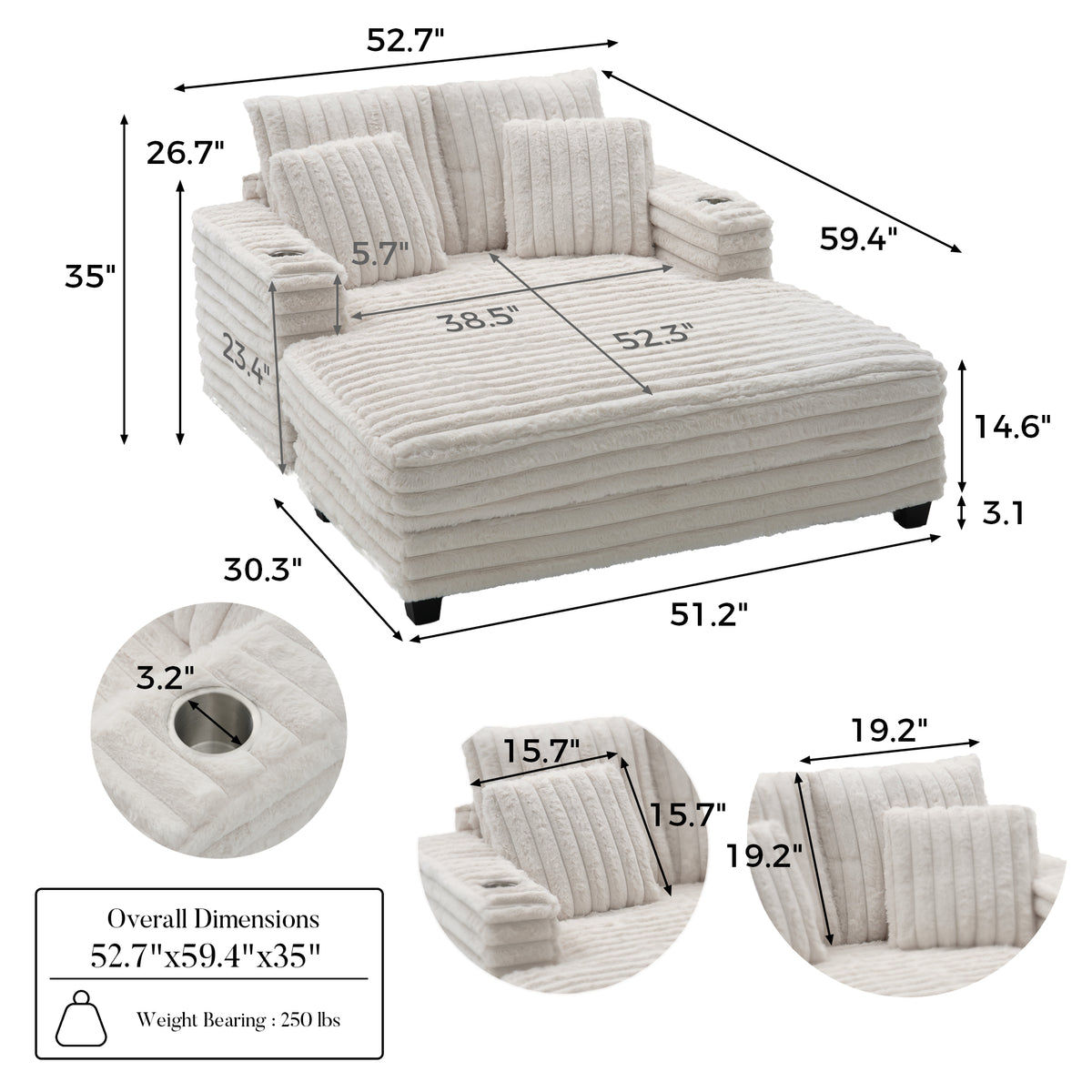 Dimension diagram of the chaise sofa bed
