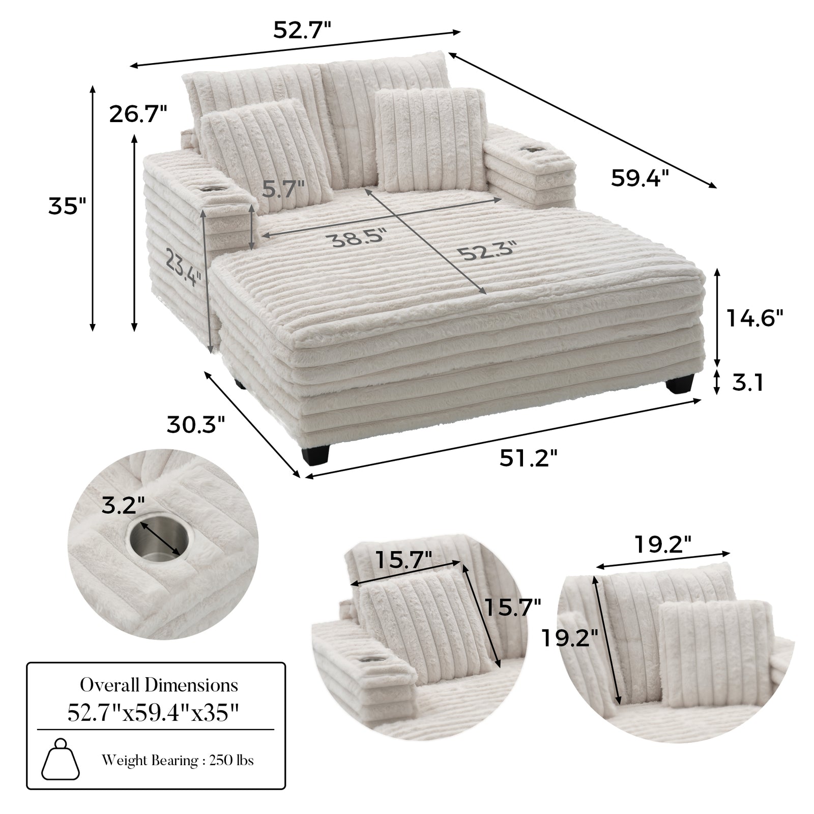 Generously oversized at 52.7" wide and 59.4" deep.