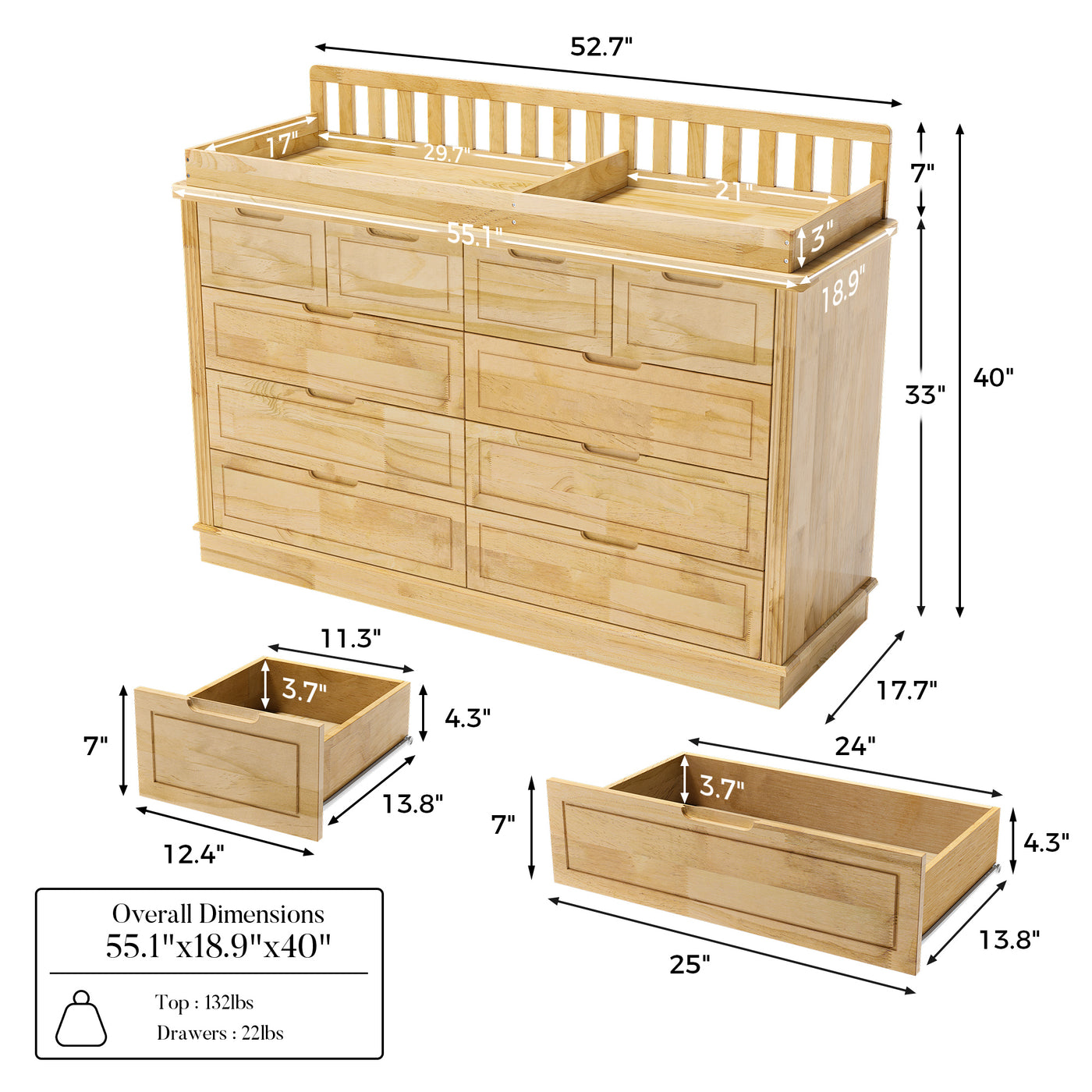 Solid Wood Changing Table with Drawers and Handle-Free Design
