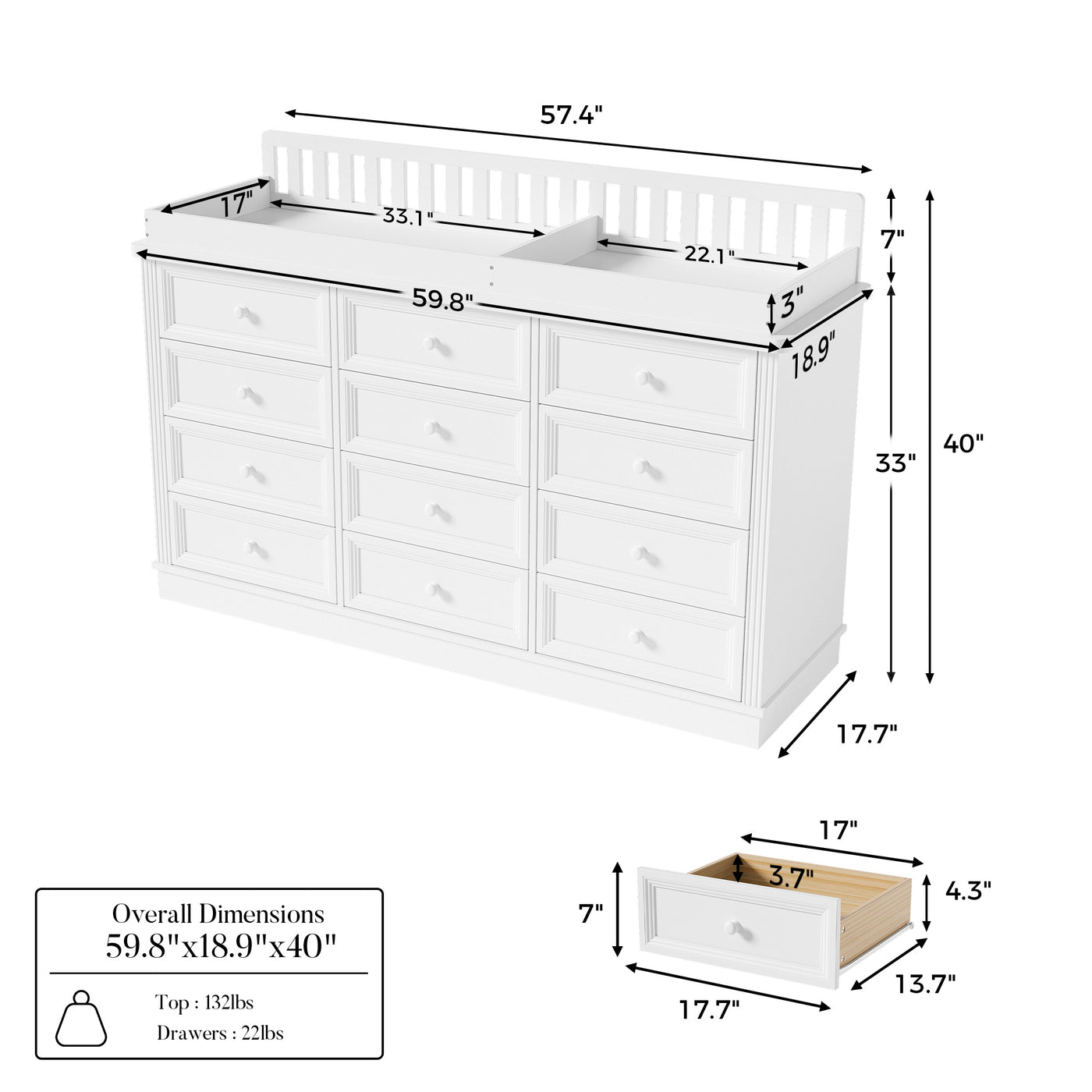 Solid Wood Changing Table with 9 Drawers