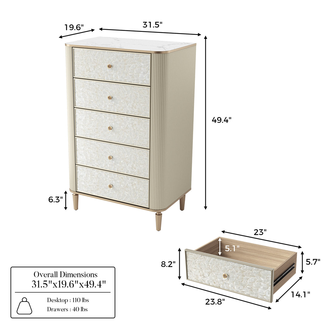 Nacre 5-Drawer Chest with Marble-Style Top