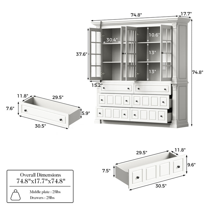 75'' 6-Drawer Symmetric Bookcase With Glass Doors