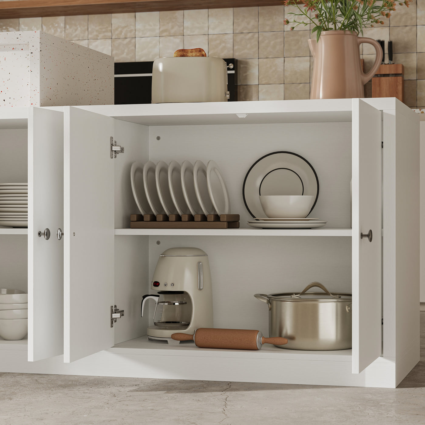Modern Double-Sided Kitchen Island with Pull-Out Tabletop and Open Shelving