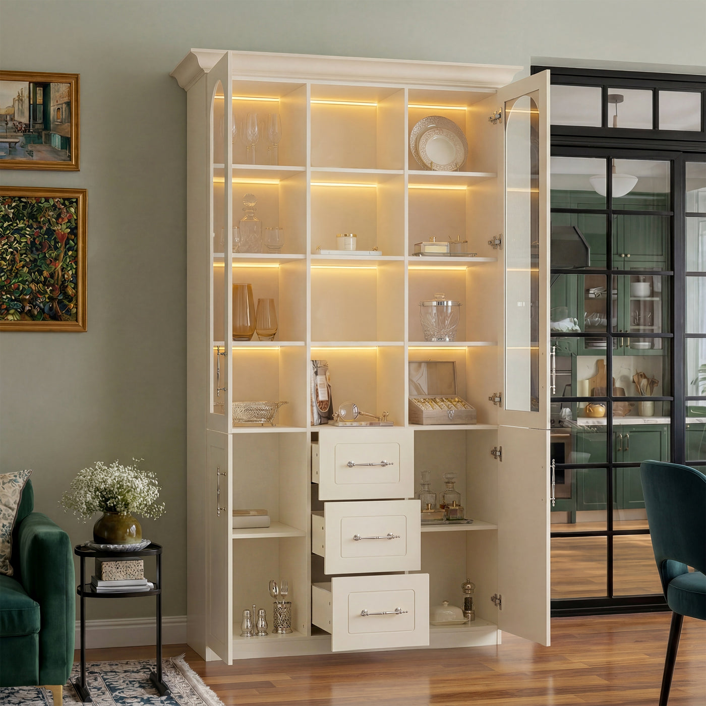Arched Display Cabinet with Mixed Storage and Integrated Lighting