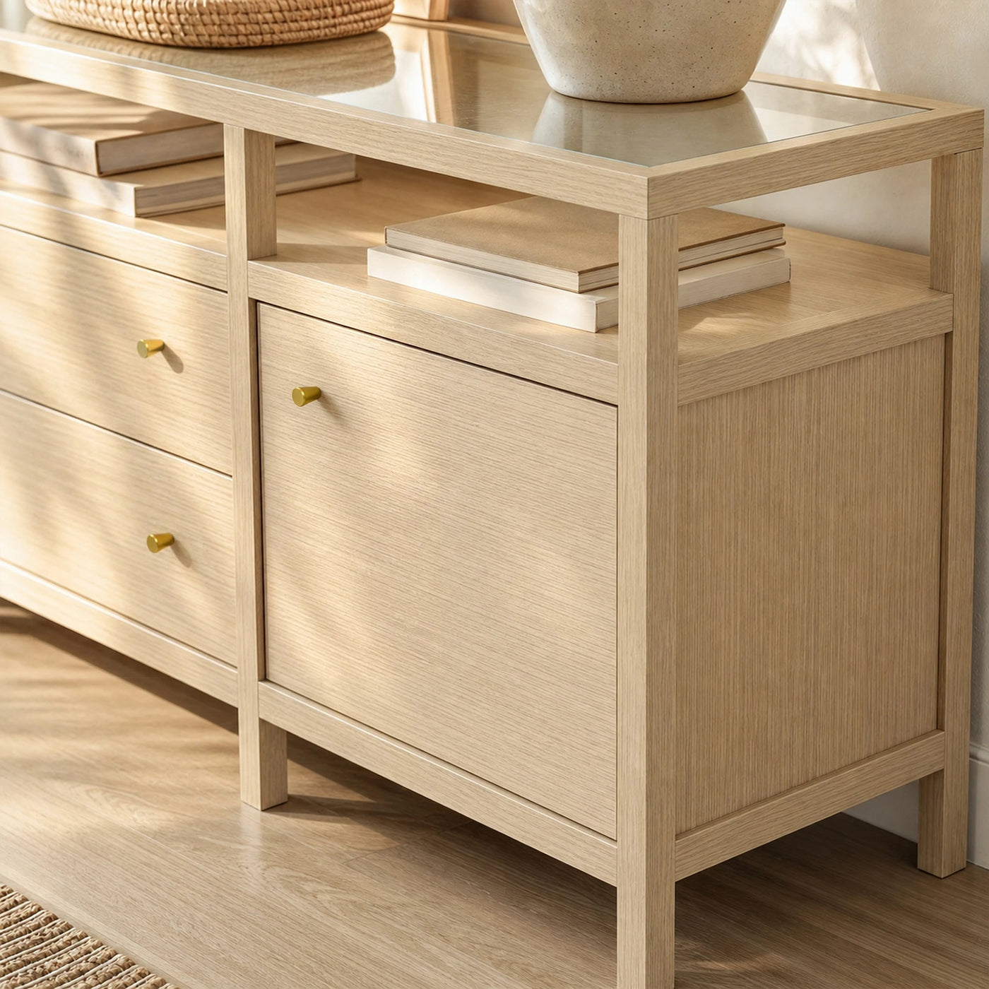 Storage Cabinet with Open Shelf, Drawers and Double Cabinets