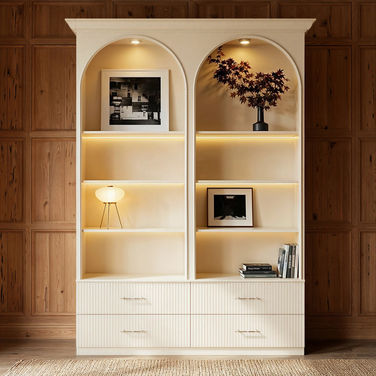 68.5" Wide Arched Display Cabinet with Lighting and Drawers
