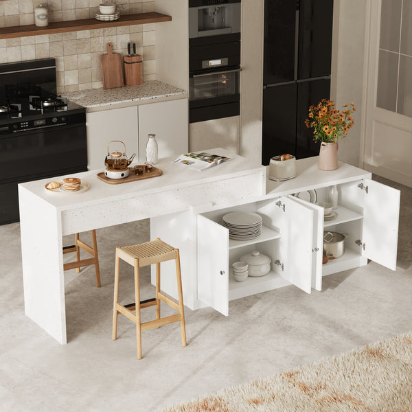 Modern Double-Sided Kitchen Island with Pull-Out Tabletop and Open Shelving