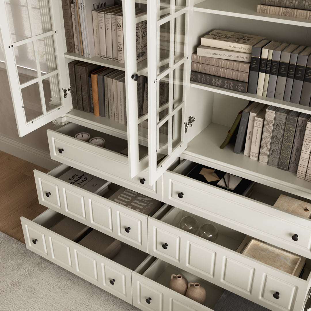 75'' 6-Drawer Symmetric Bookcase With Glass Doors