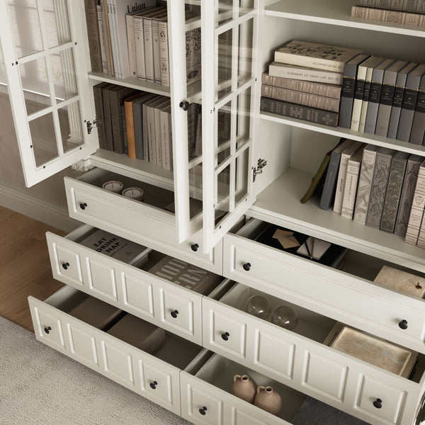 75'' 6-Drawer Symmetric Bookcase With Glass Doors