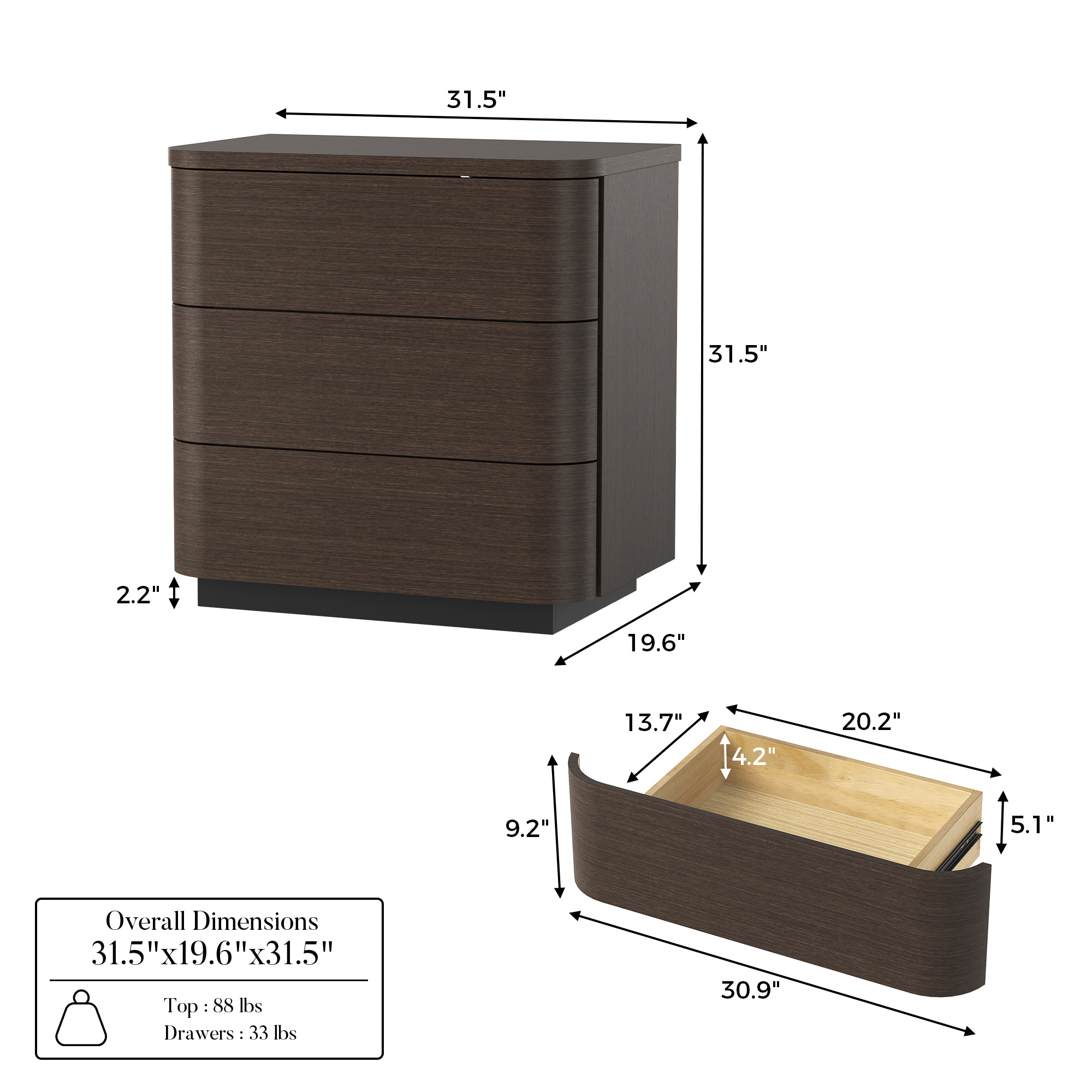 Orbis 3-Drawer Curved Dresser – Dark Walnut
