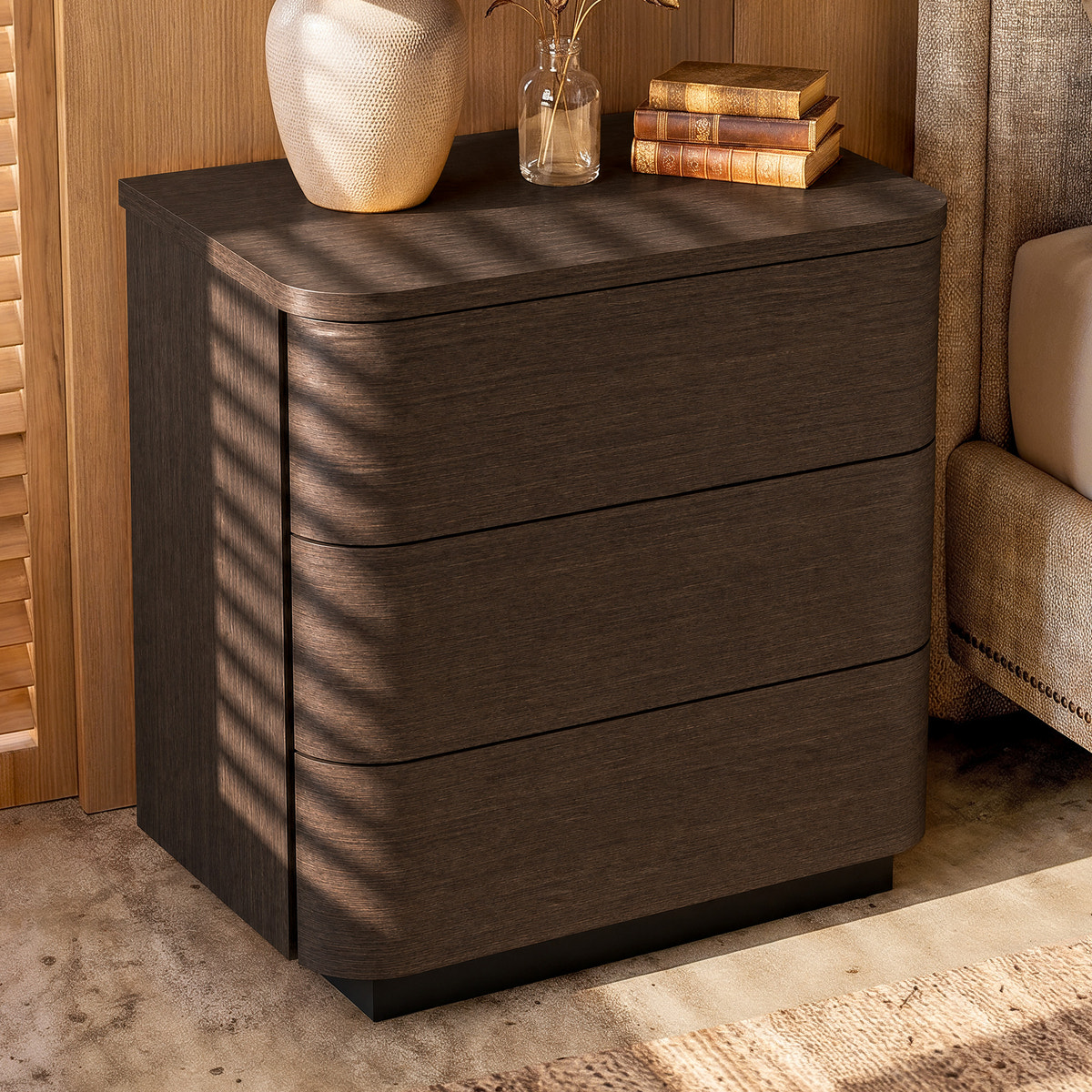 Orbis 3-Drawer Curved Dresser – Dark Walnut
