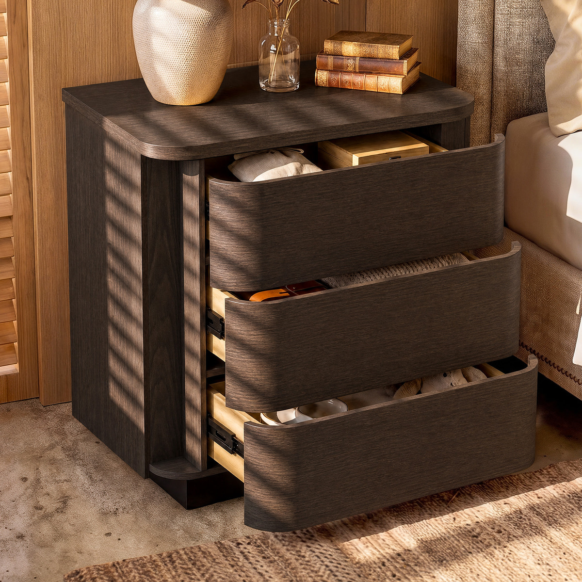 Orbis 3-Drawer Curved Dresser – Dark Walnut