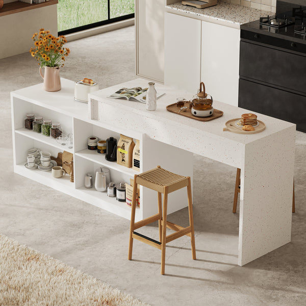 Modern Double-Sided Kitchen Island with Pull-Out Tabletop and Open Shelving