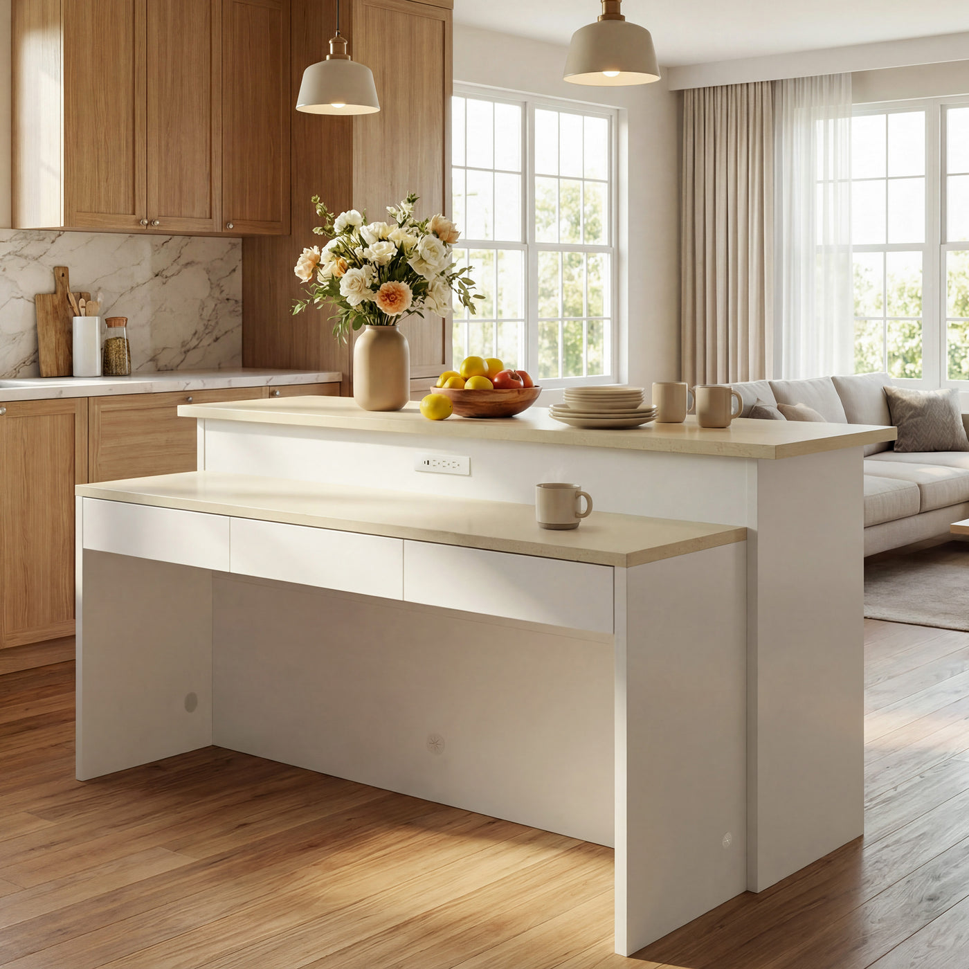 Modern Kitchen Island with Built-In Power Outlet and Dual-Level Tabletop