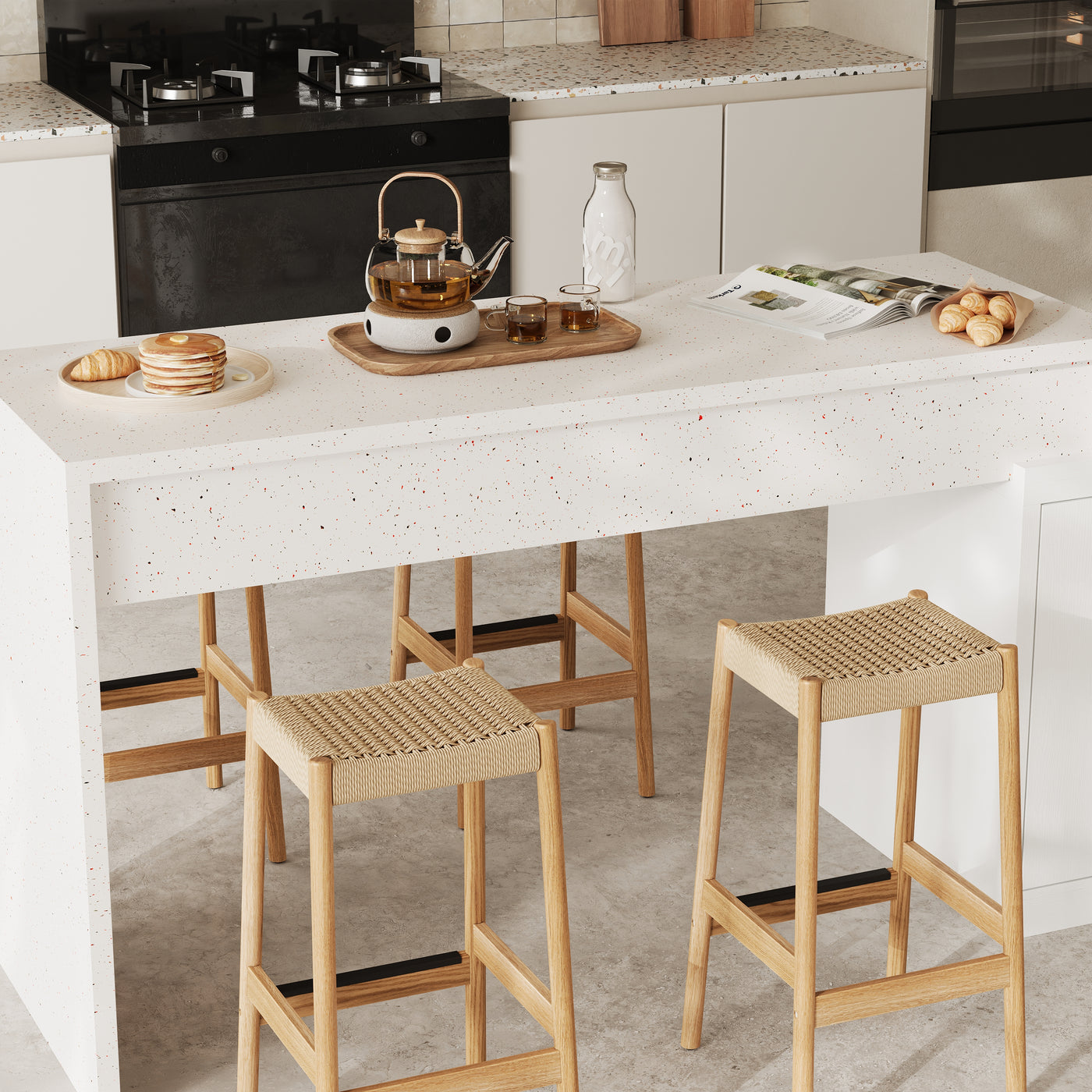 Modern Double-Sided Kitchen Island with Pull-Out Tabletop and Open Shelving