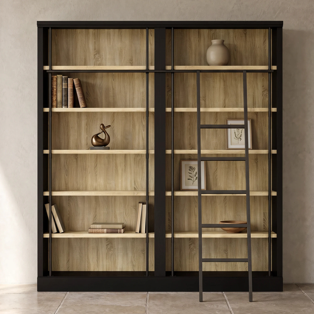 Double Bookcase with Rolling Ladder and Wood-Grain Finish