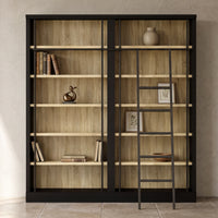 Double Bookcase with Rolling Ladder and Wood-Grain Finish