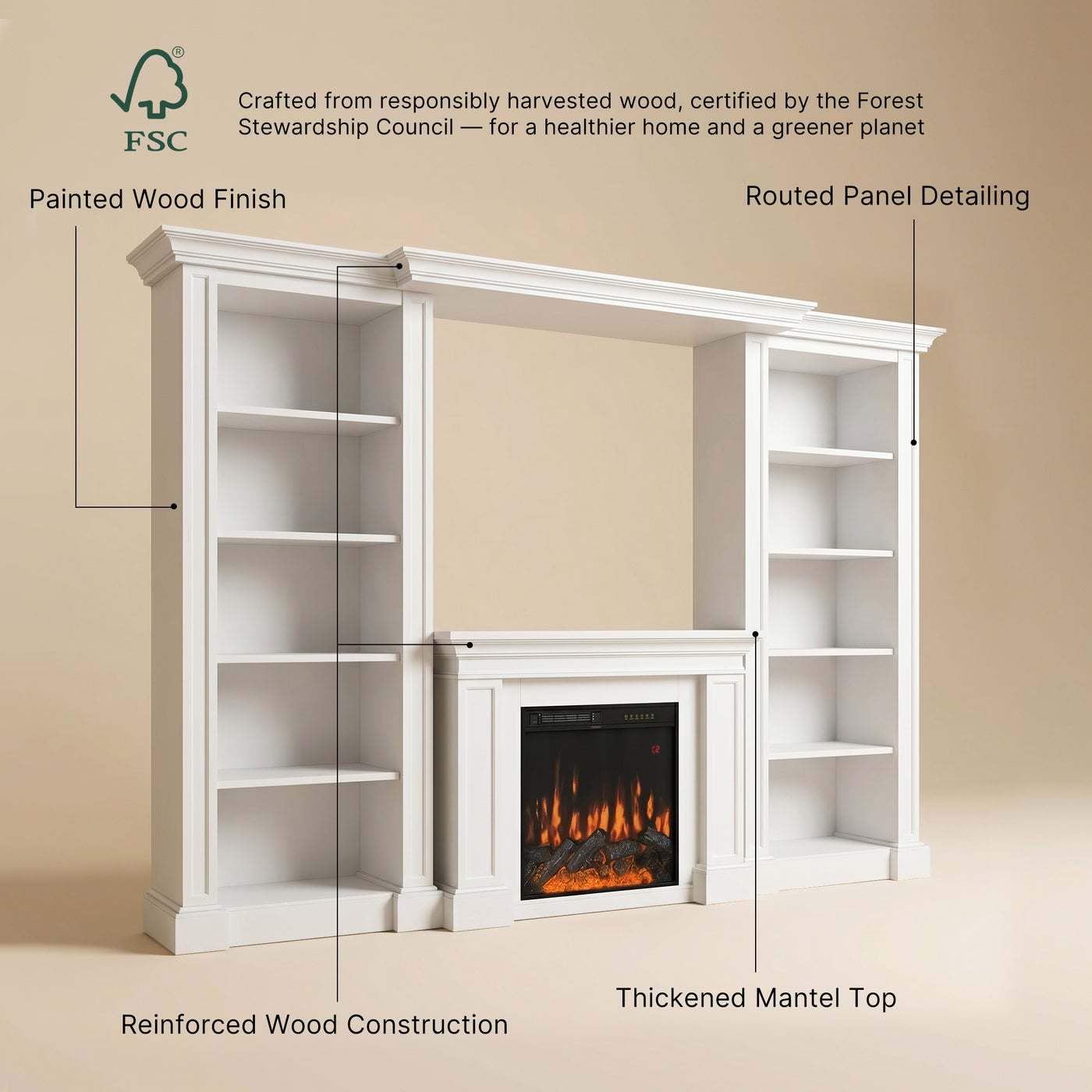 Traditional Entertainment Center with Built-In Electric Fireplace and Bookshelves