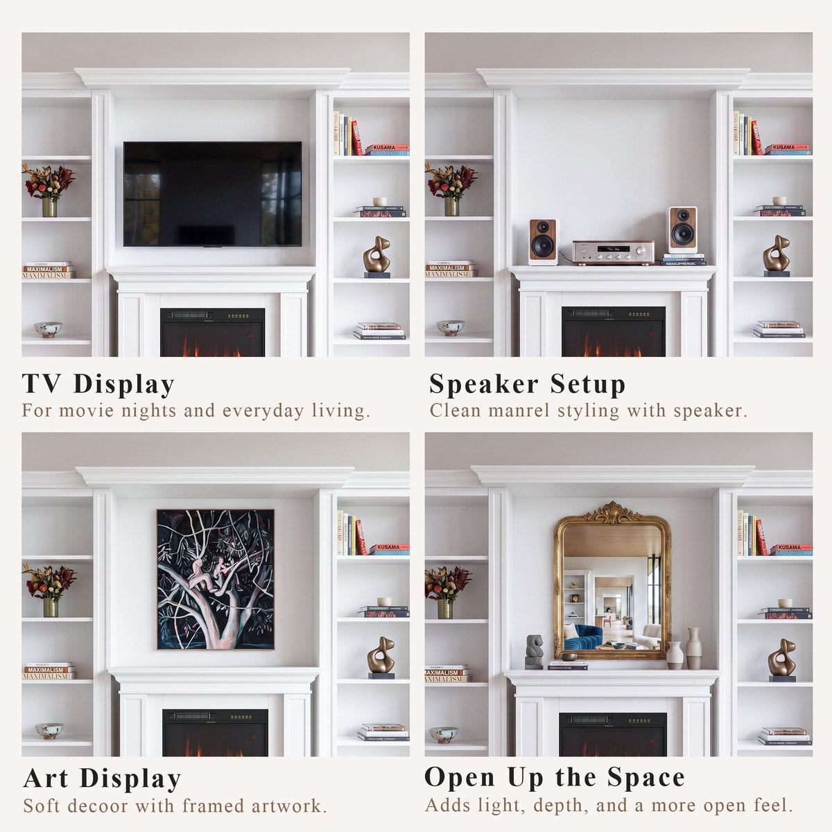 Traditional Entertainment Center with Built-In Electric Fireplace and Bookshelves-White