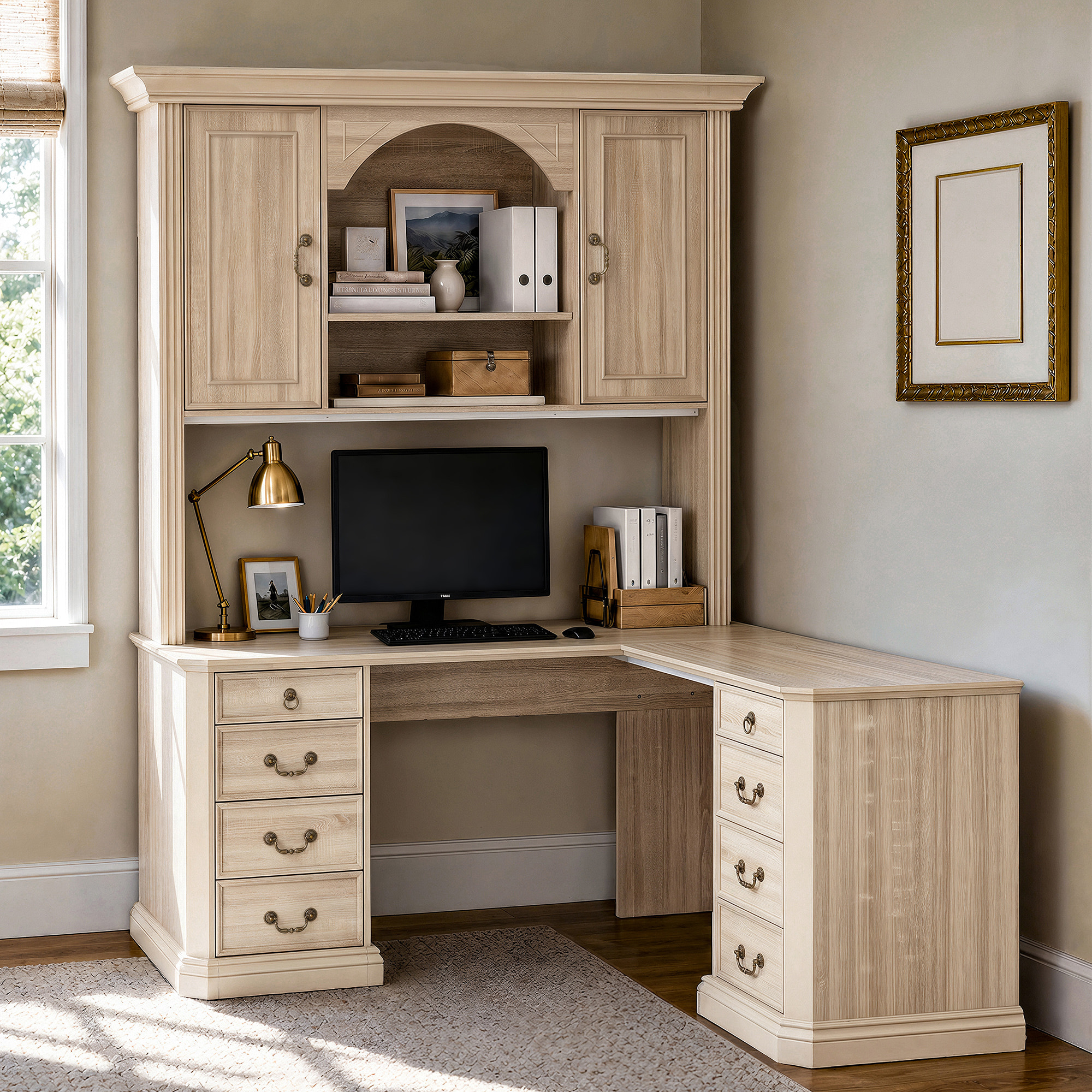 L-Shaped Executive Desk with Storage - Natural Oak