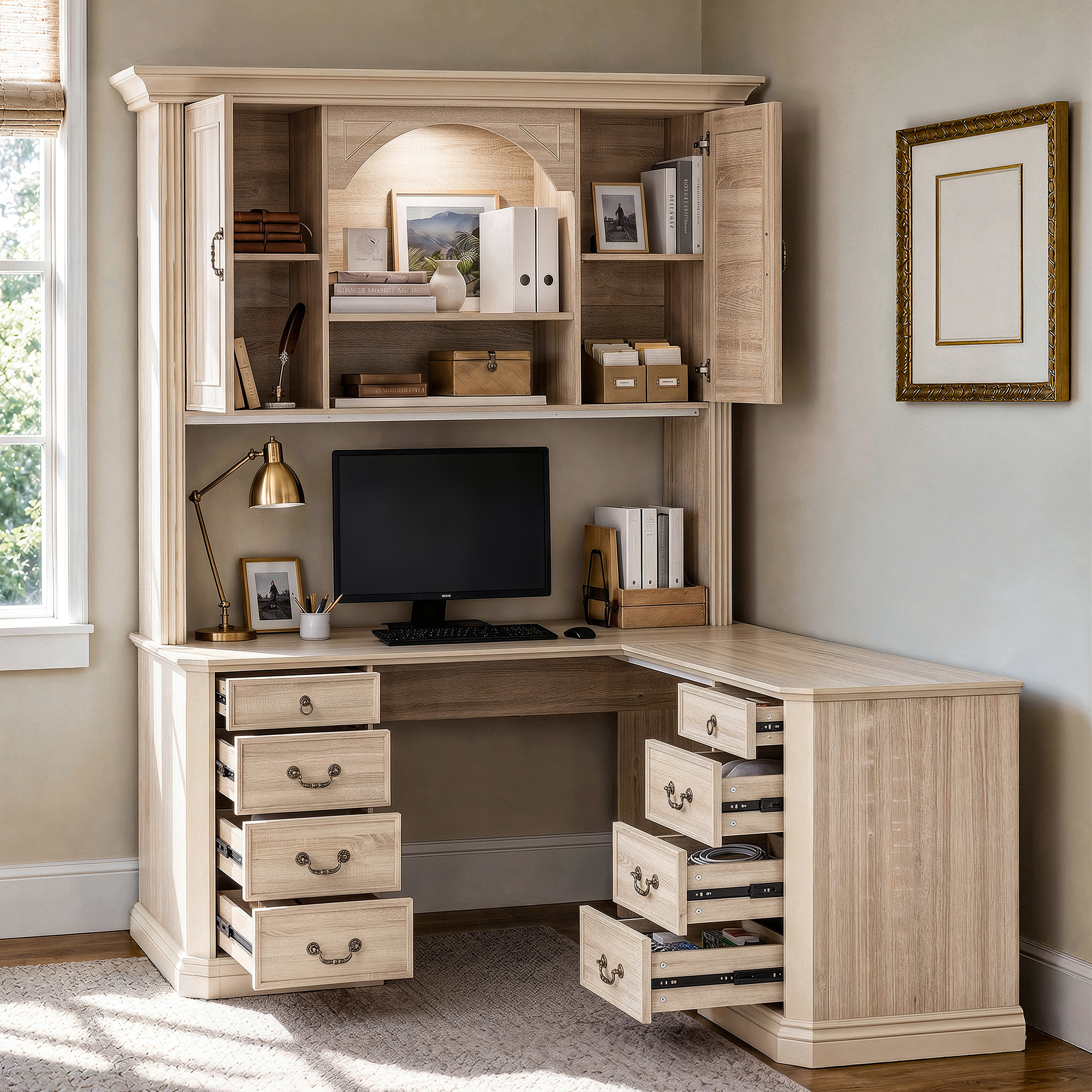 L-Shaped Executive Desk with Storage - Natural Oak