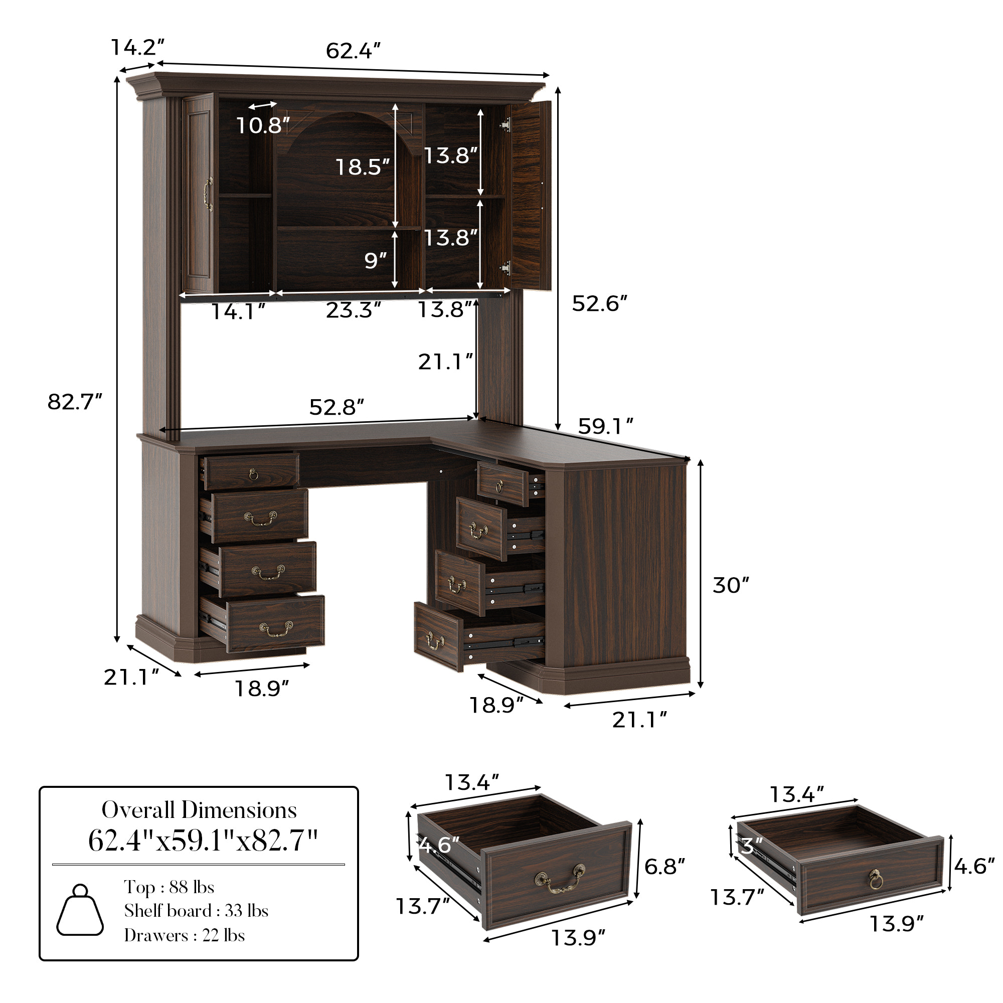 L-Shaped Executive Desk with Storage - Walnut Brown