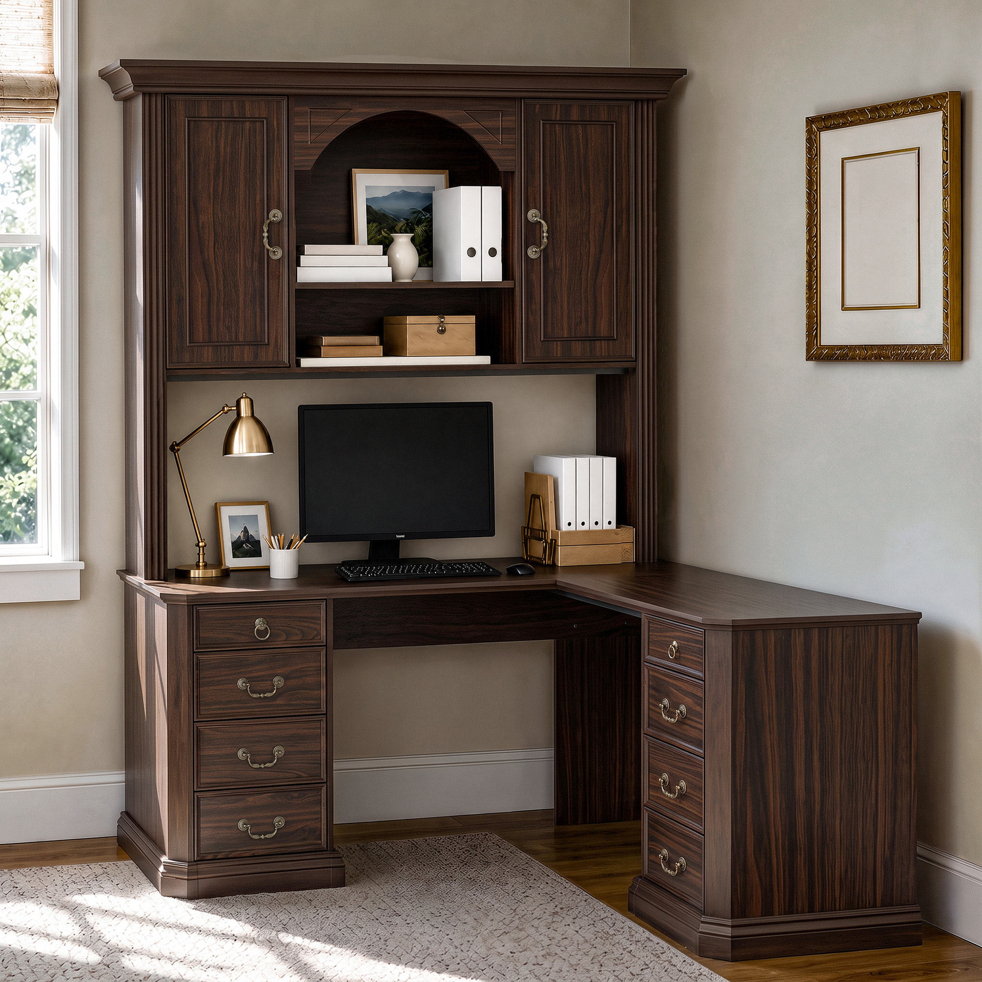 L-Shaped Executive Desk with Storage - Walnut Brown