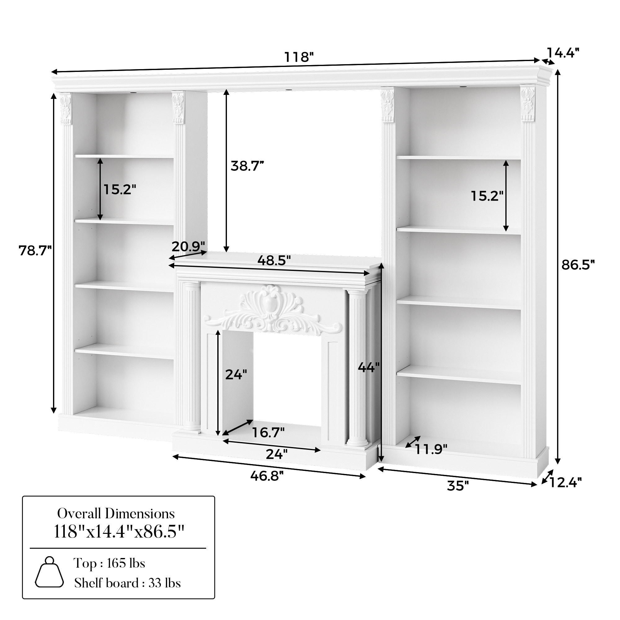 White Entertainment Center with 5-Tier Bookcases and Built-In Lighting