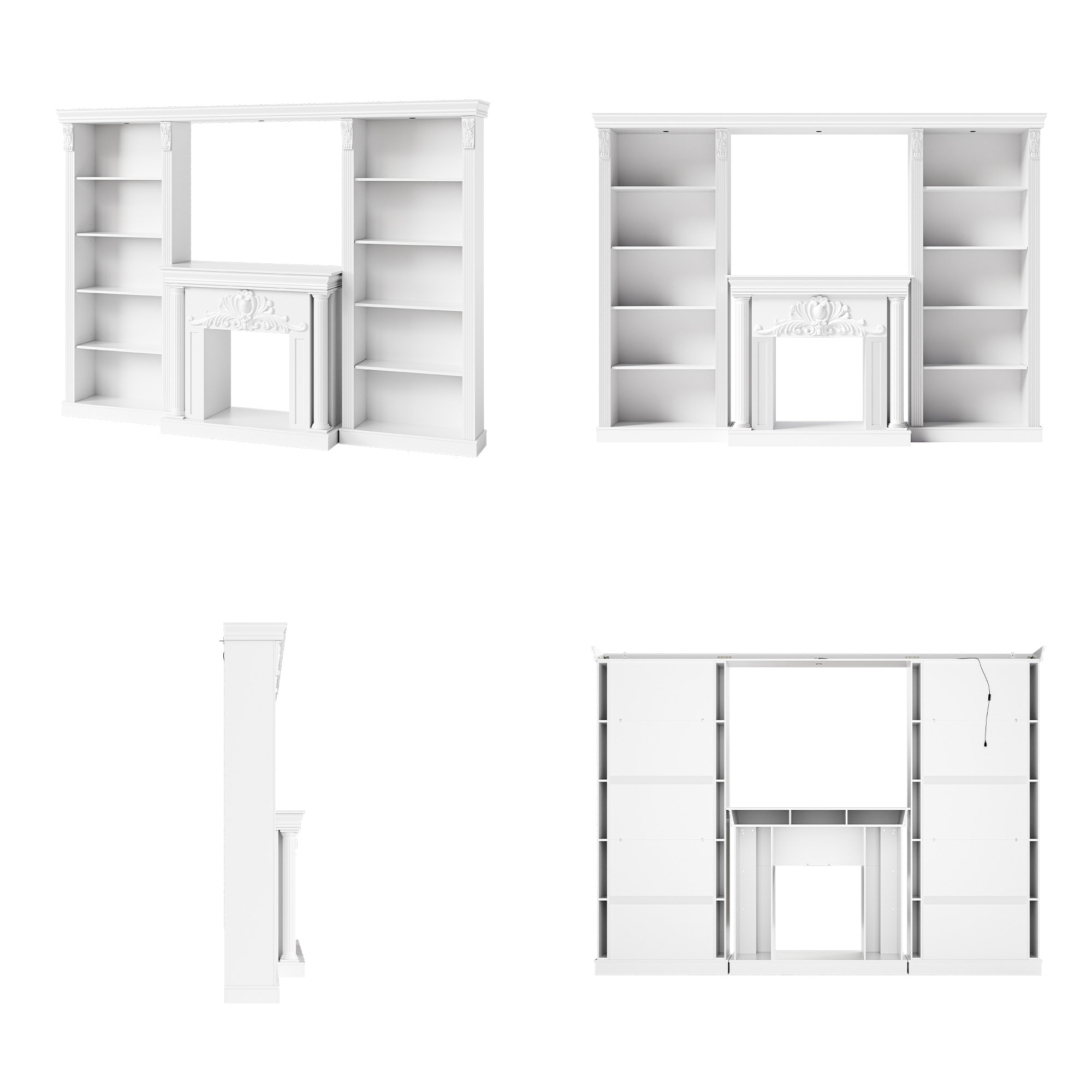 White Entertainment Center with 5-Tier Bookcases and Built-In Lighting