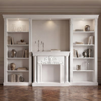White Entertainment Center with 5-Tier Bookcases and Built-In Lighting