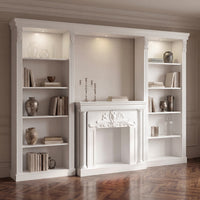 White Entertainment Center with 5-Tier Bookcases and Built-In Lighting