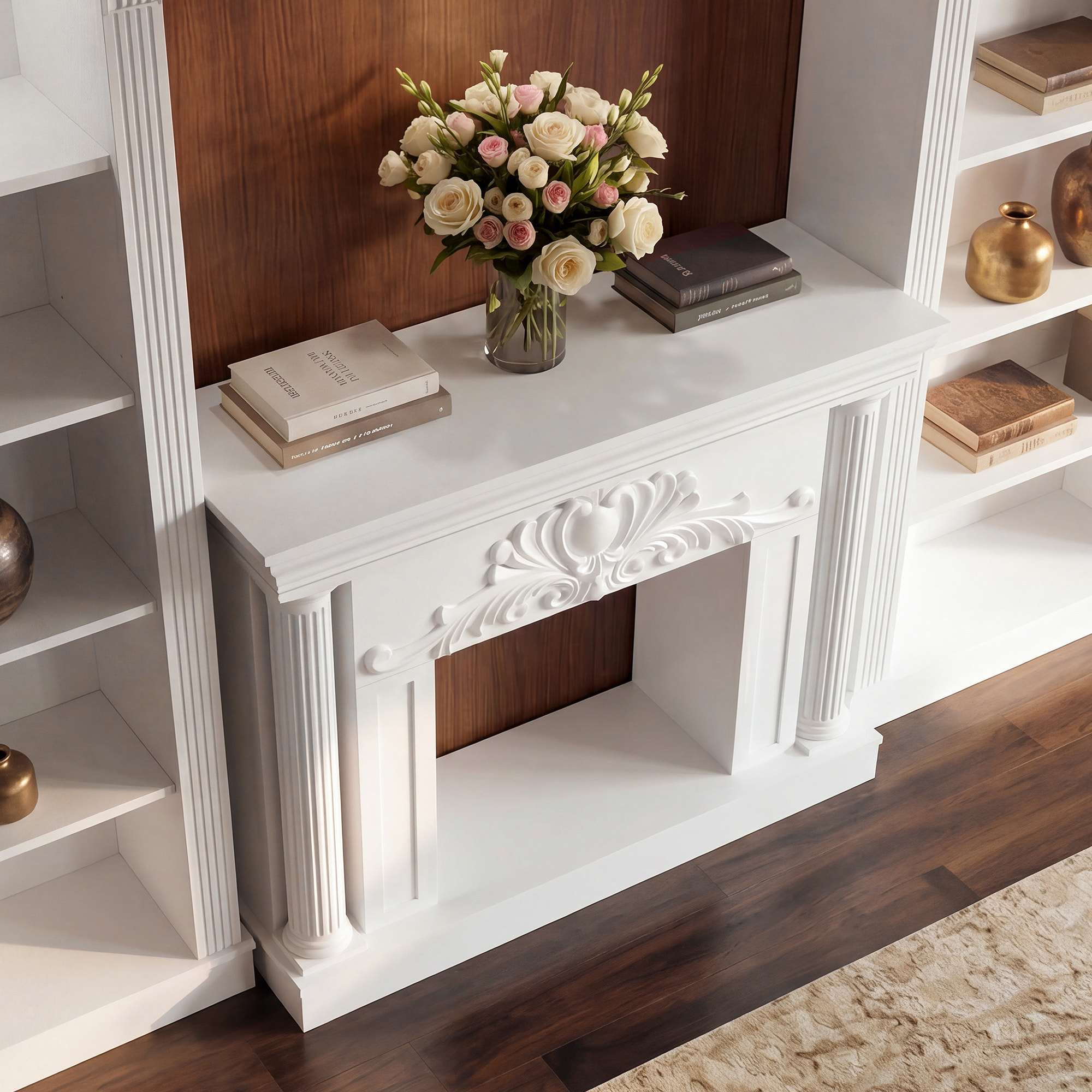 White Entertainment Center with 5-Tier Bookcases and Built-In Lighting