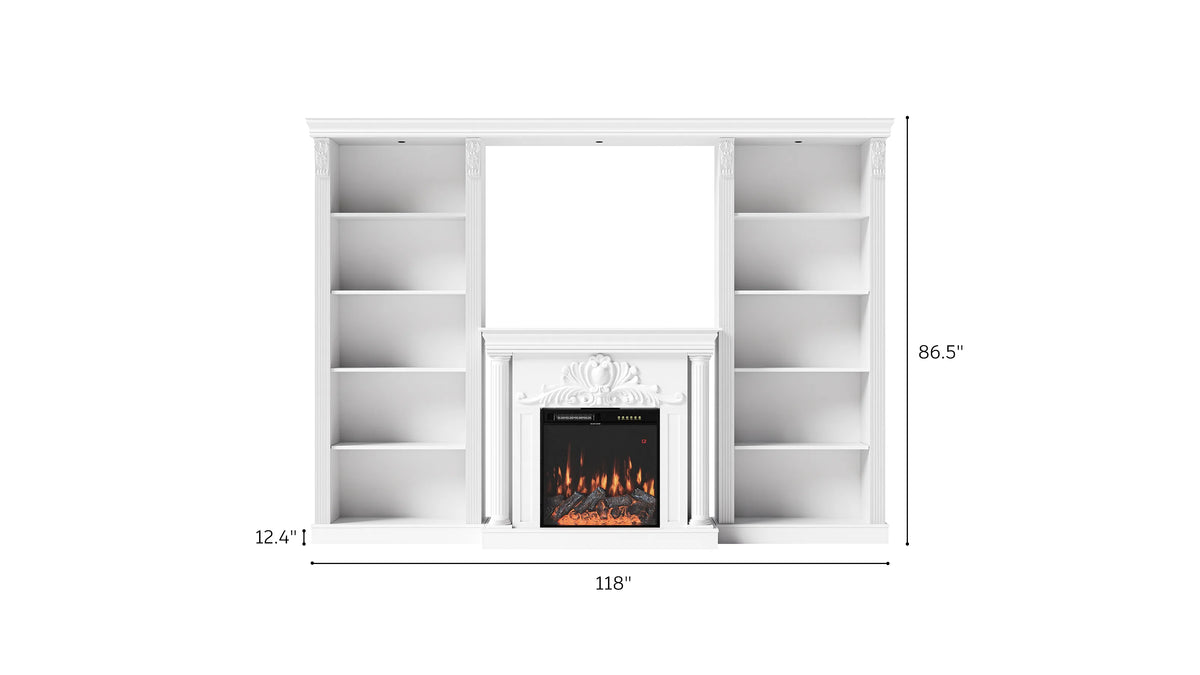 White Entertainment Center with Built-In Electric Fireplace and 5-Tier Bookcases