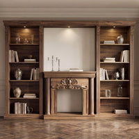 Walnut Entertainment Center with 5-Tier Bookcases and Built-In Lighting