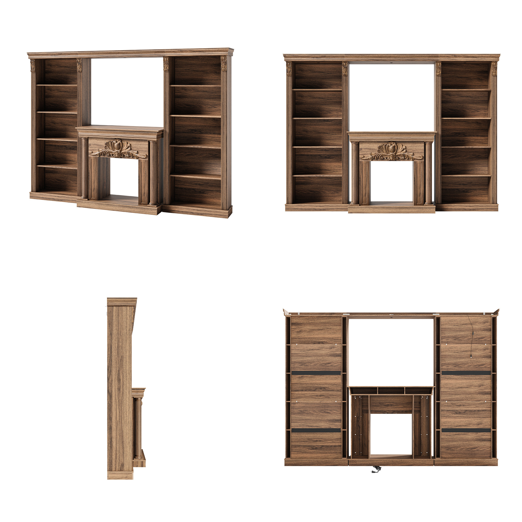 Walnut Entertainment Center with 5-Tier Bookcases and Built-In Lighting