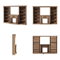 Walnut Entertainment Center with 5-Tier Bookcases and Built-In Lighting