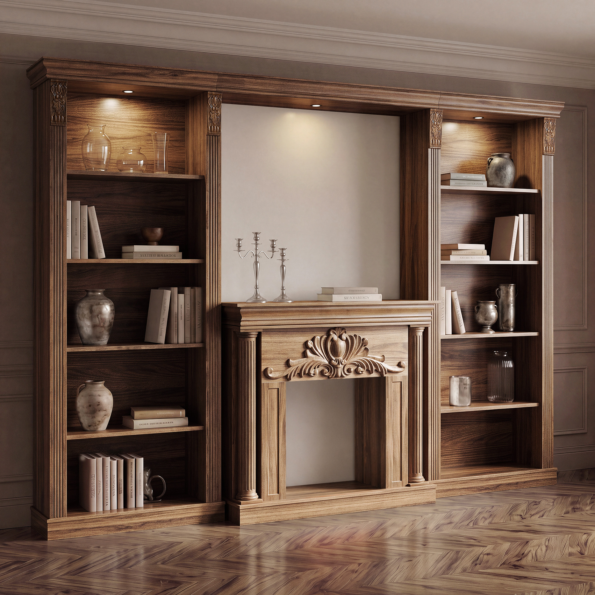 Walnut Entertainment Center with 5-Tier Bookcases and Built-In Lighting