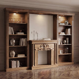 Walnut Entertainment Center with 5-Tier Bookcases and Built-In Lighting