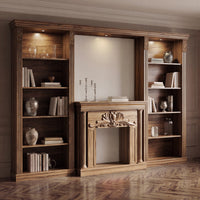 Walnut Entertainment Center with 5-Tier Bookcases and Built-In Lighting