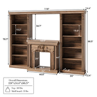 Walnut Entertainment Center with 5-Tier Bookcases and Built-In Lighting