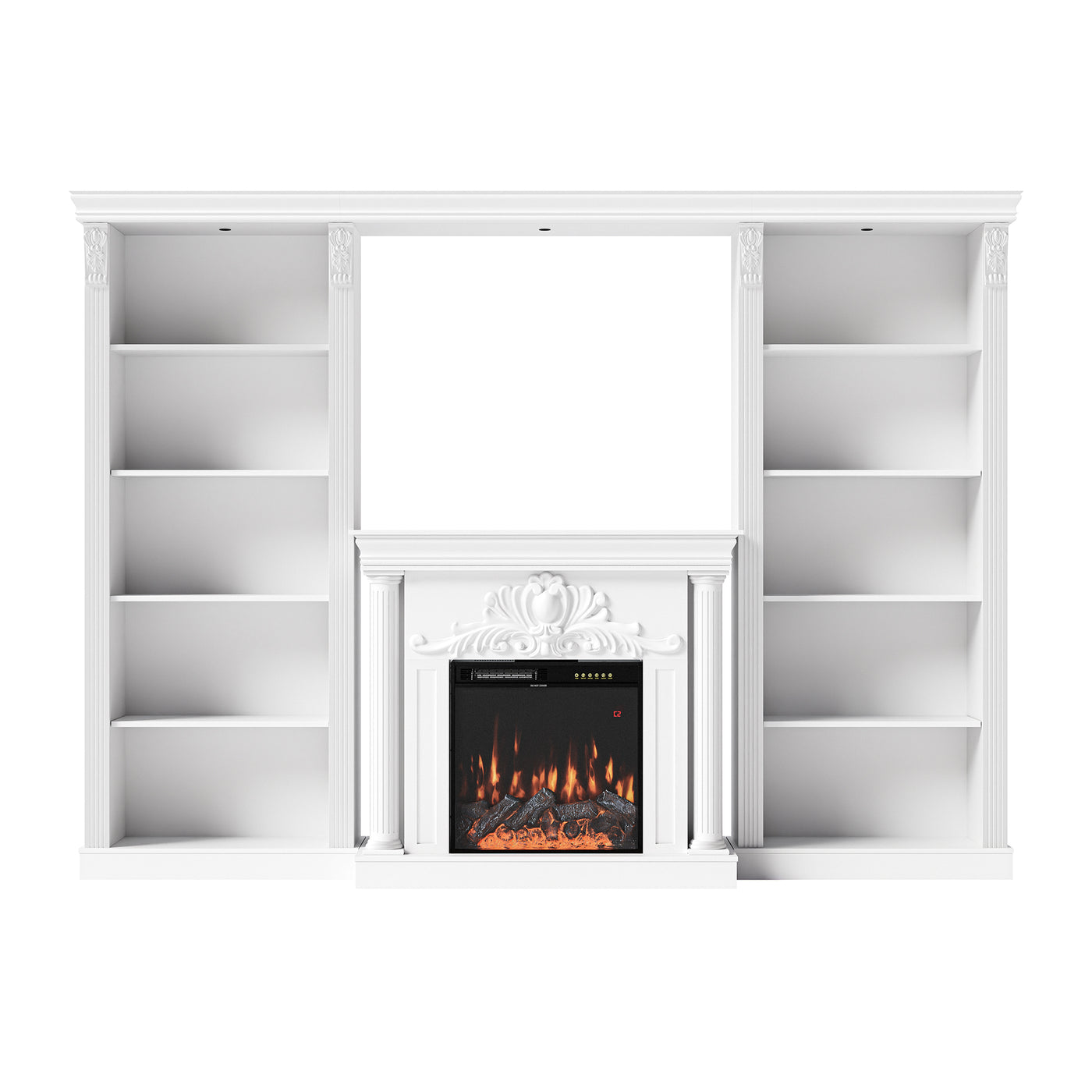 White Entertainment Center with Built-In Electric Fireplace and 5-Tier Bookcases