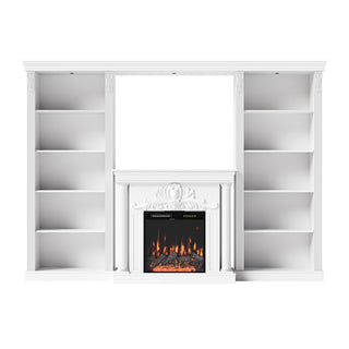 White Entertainment Center with Built-In Electric Fireplace and 5-Tier Bookcases
