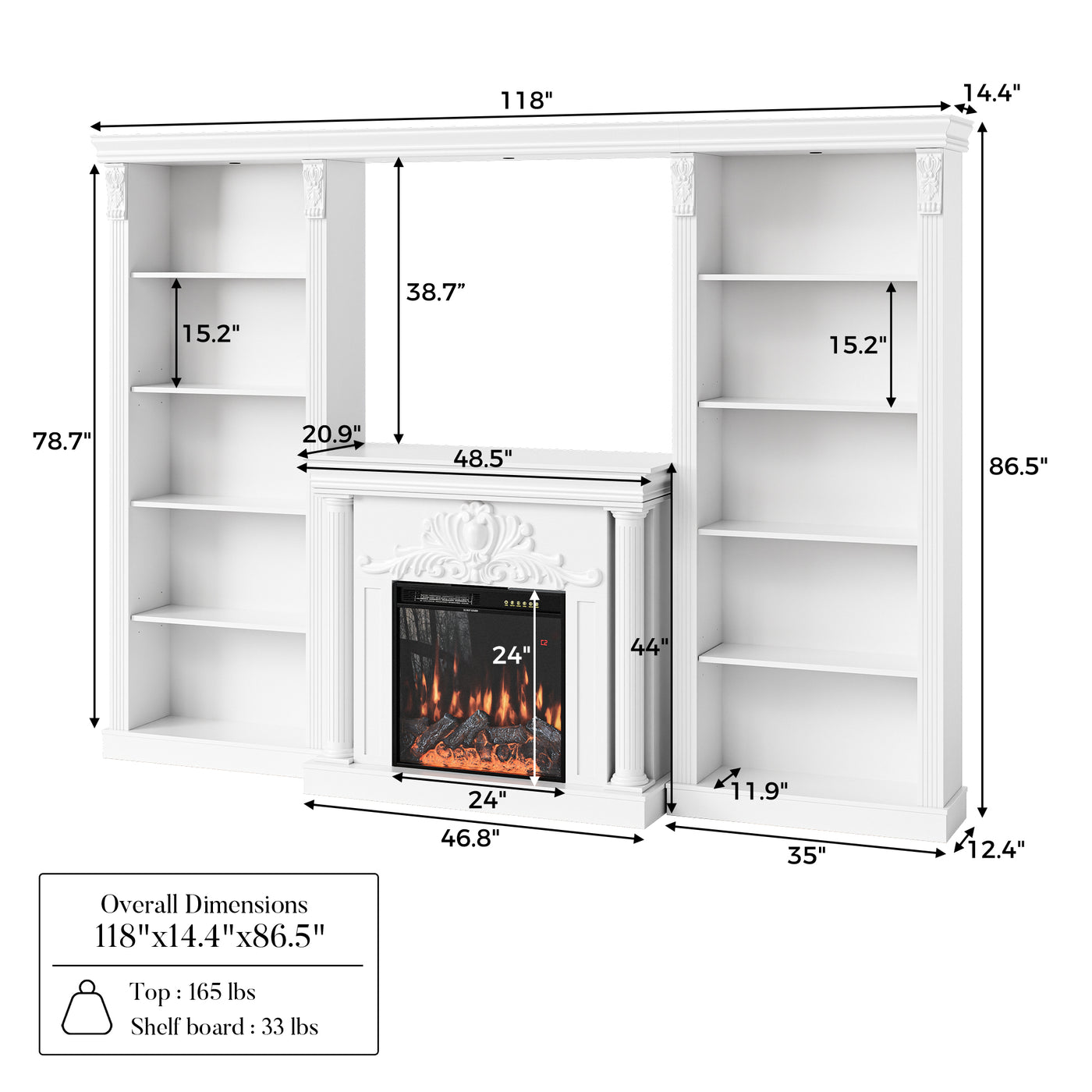 White Entertainment Center with Built-In Electric Fireplace and 5-Tier Bookcases