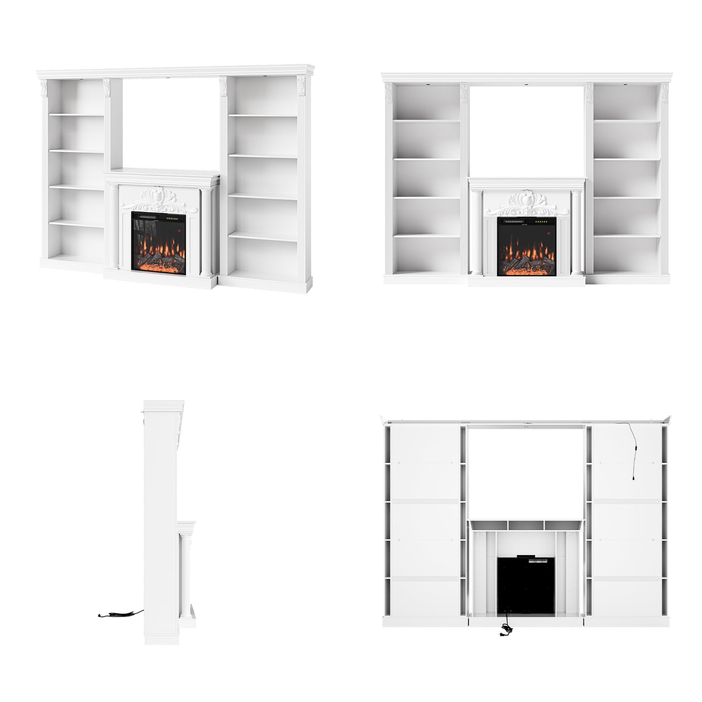 White Entertainment Center with Built-In Electric Fireplace and 5-Tier Bookcases