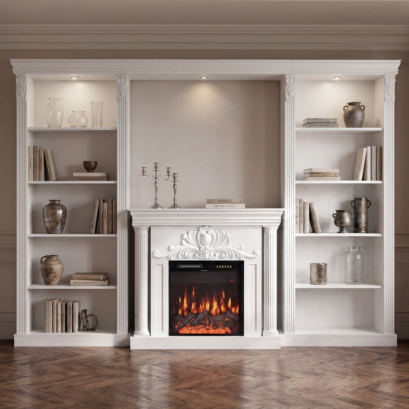 White Entertainment Center with Built-In Electric Fireplace and 5-Tier Bookcases