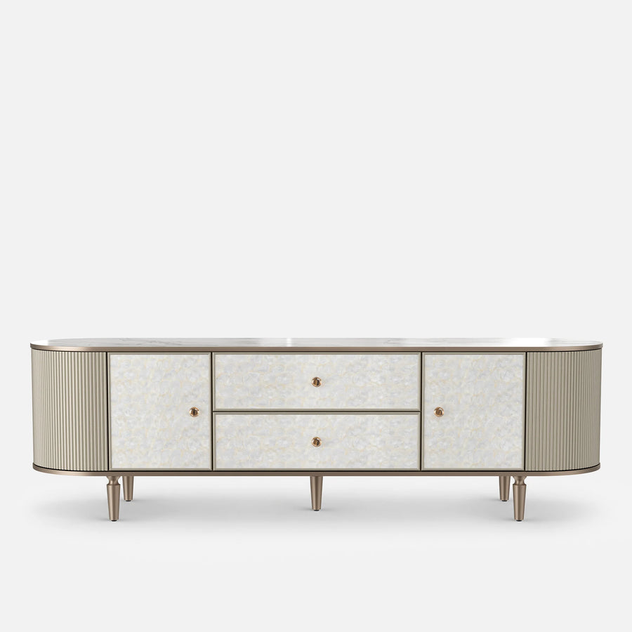 Nacre TV Stand with Mother-of-Pearl Fronts and Marble-Style Top