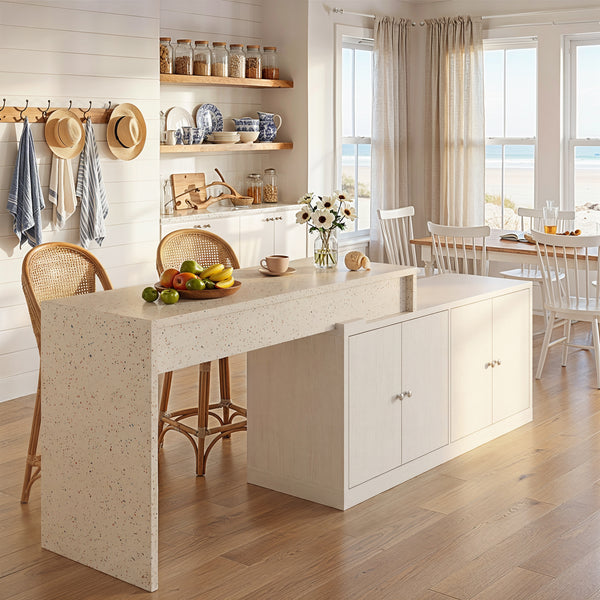 Modern Double-Sided Kitchen Island with Pull-Out Tabletop and Open Shelving