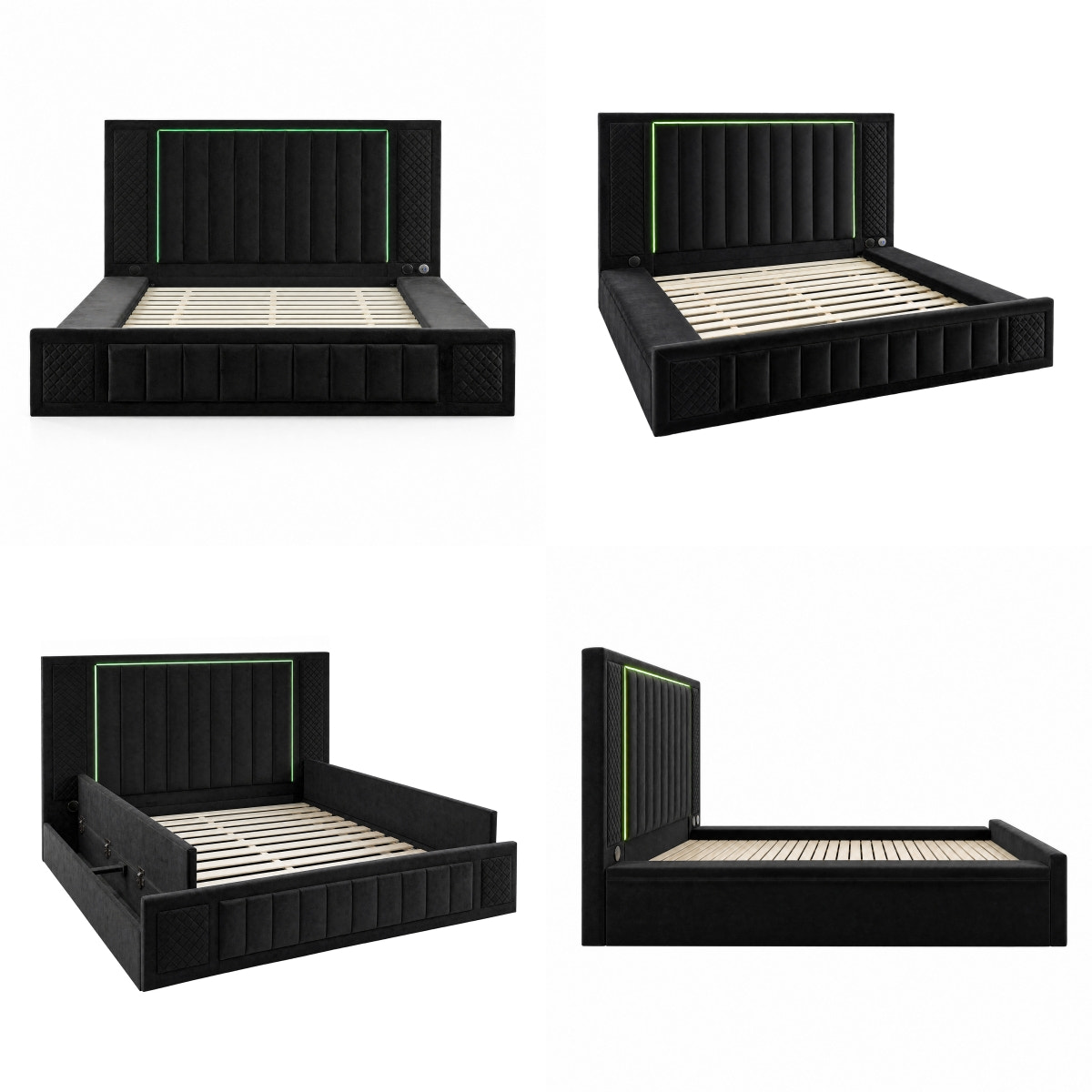 Queen Size LED Storage Bed with Upholstered Headboard