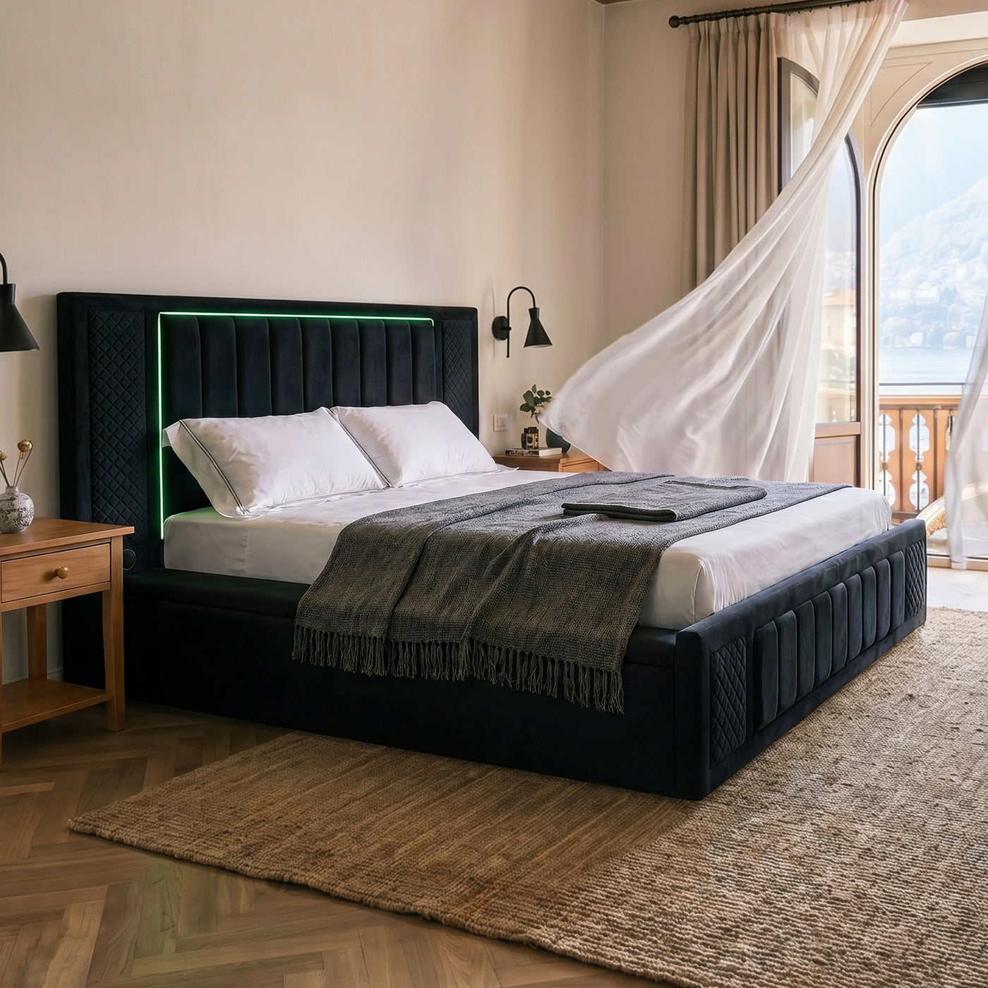 Queen Size LED Storage Bed with Upholstered Headboard
