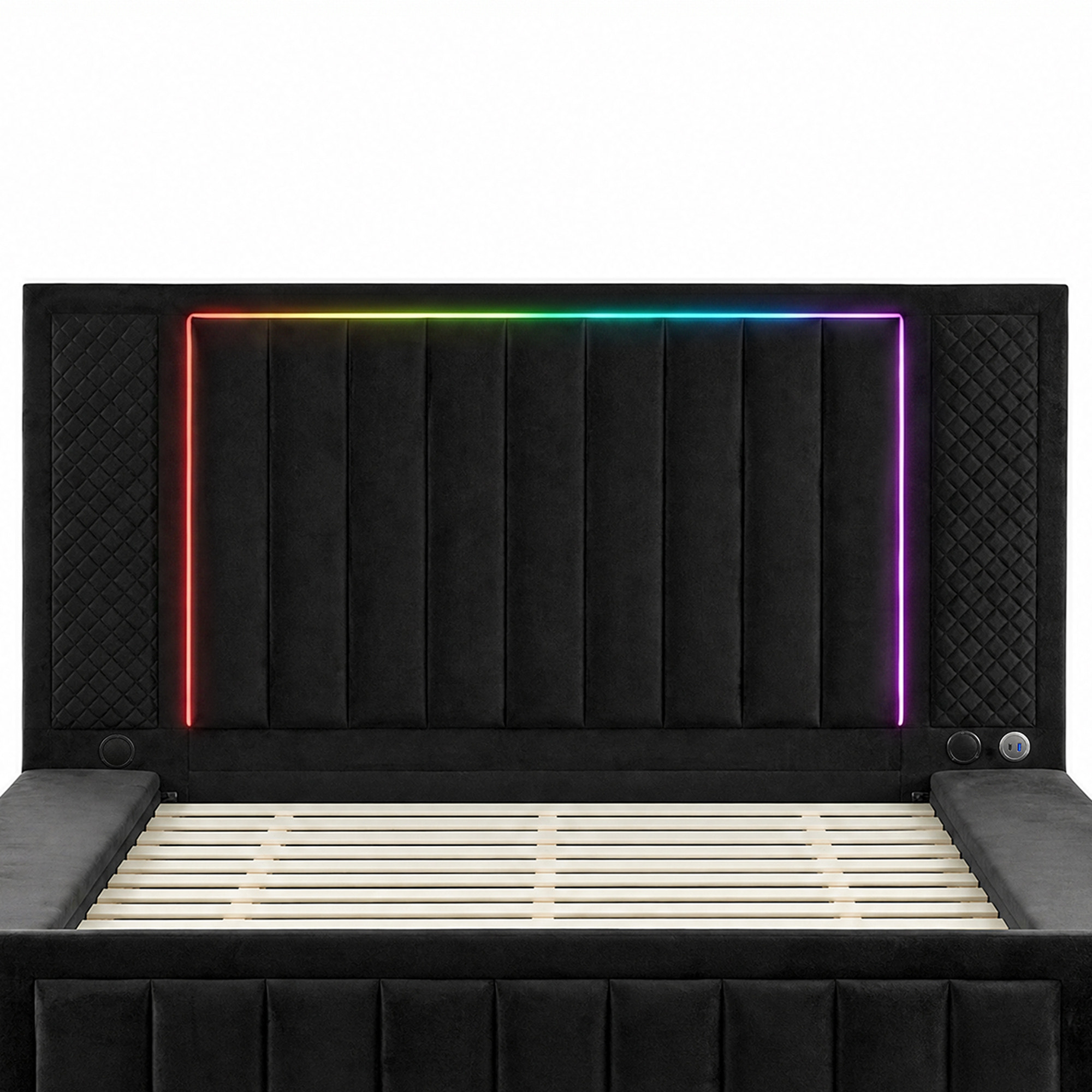Queen Size LED Storage Bed with Upholstered Headboard